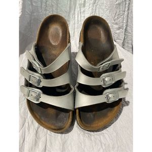 Birkenstock Florida slide in sandals silver leather with 3 strap buckles ladies
